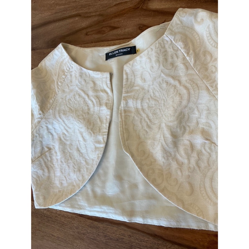 Ellen Tracy Cream Jacquard Cropped Bolero Shrug Jacket Wide 3/4 Sleeve Womens 4 - Picture 11 of 11